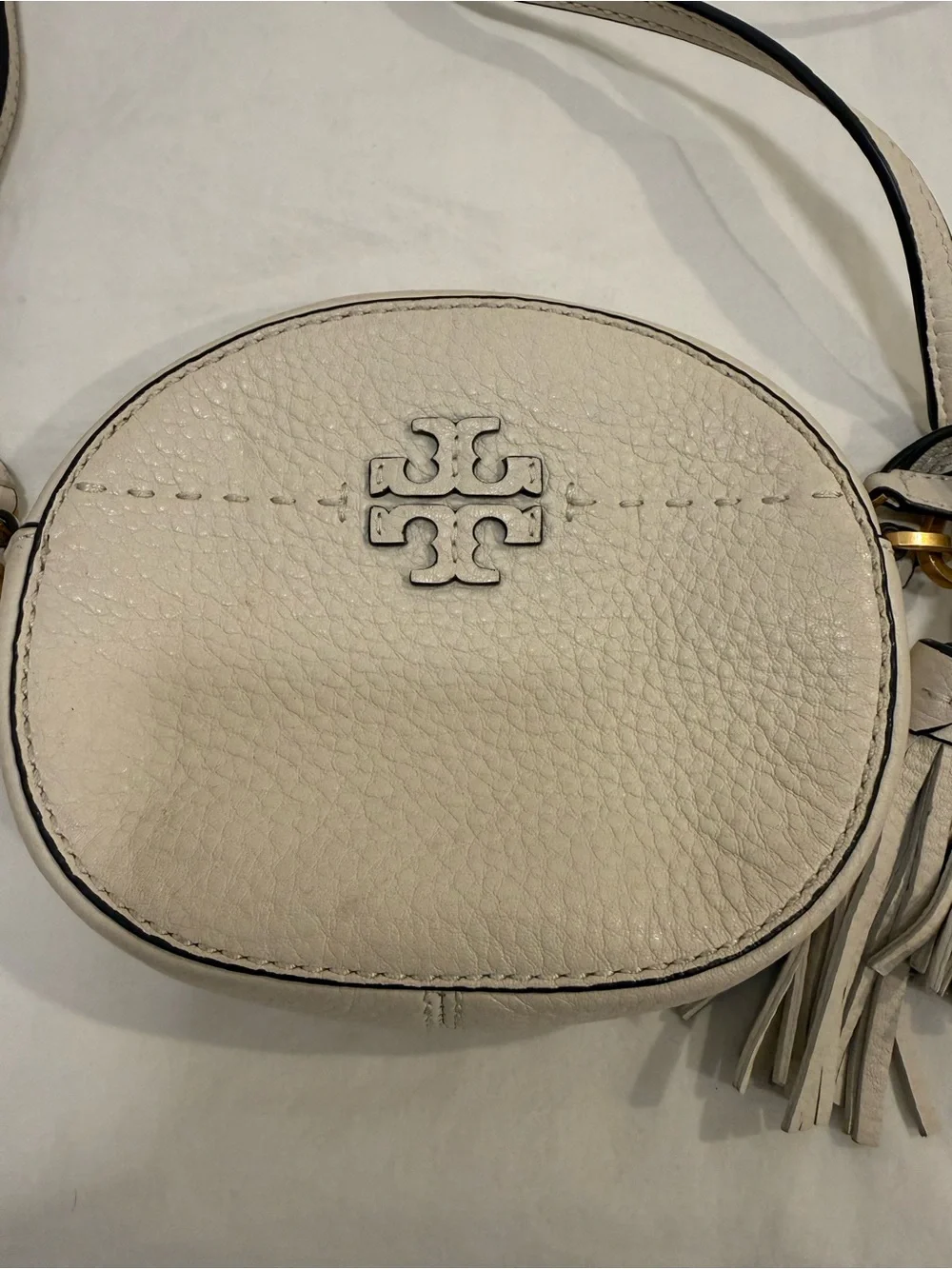 Tory Burch Pebbled Leather Crossbody in Light Cream with Tassel